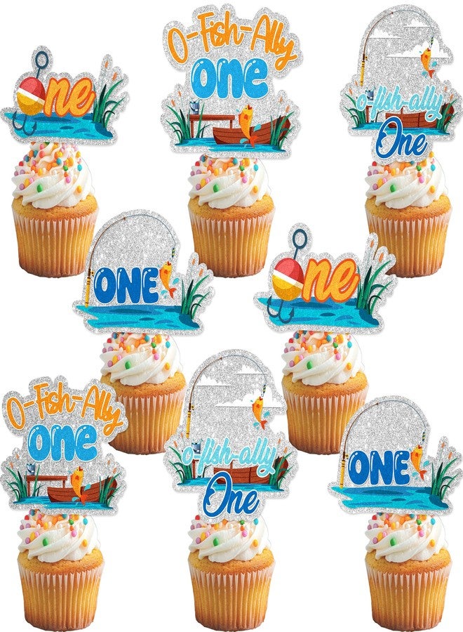 Vorceary 24Pcs O-Fish-Ally One Cupcake Toppers - Glitter Fishing First Birthday Party Decorations for Party Cake Décor - Image 2