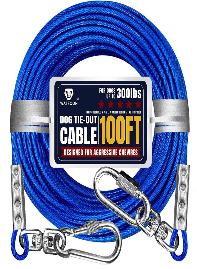 WATFOON Tie Out Cable for Dogs Up to 300lbs,100ft Extra Strong 1000lbs Break Strength Tie-Out Tether Trolley Training Lead,Dog Run Cable for Yard Garden Park Camping Outside (Reflective Blue, 300lbs 100ft) - Image 1