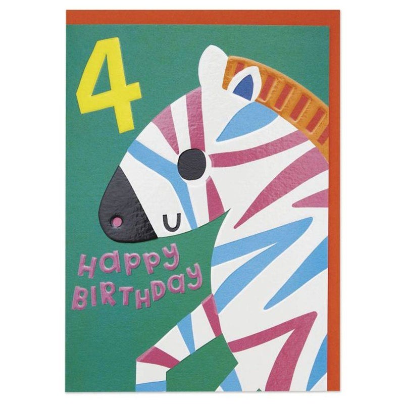 Raspberry Blossom Zoopa Doopa Zebra 4th Happy Birthday Greeting Card (12.5 x 17.2 cm) - Image 1
