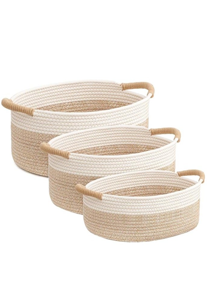 Cotton Rope Storage Basket Set – Pack of 3 Sizes with Handles, Woven Towel, Book, and Toy Storage Basket, Home Decor Organizer for Shelves, Nursery, Baby, and Kid’s Room, Durable and Stylish Storage Solution  - Image 1