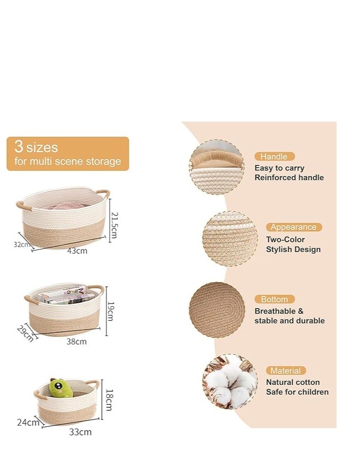 Cotton Rope Storage Basket Set – Pack of 3 Sizes with Handles, Woven Towel, Book, and Toy Storage Basket, Home Decor Organizer for Shelves, Nursery, Baby, and Kid’s Room, Durable and Stylish Storage Solution  - Image 3
