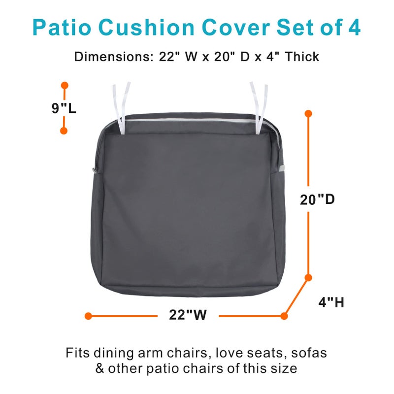 NettyPro Patio Cushion Covers Replacement Set 4 Water Repellent UV Resistant Outdoor Chair Seat Cushion Slipcover with Zipper and Tie, 22 x 20 x 4 Inch, Grey - Image 5