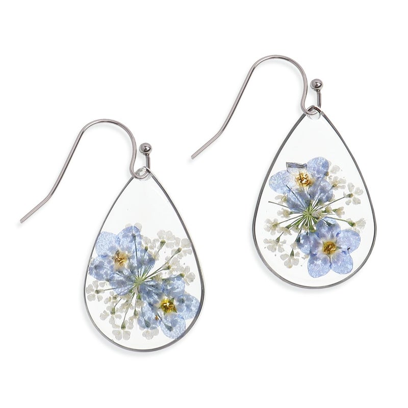 Jean Beau JeanBeau Handmade Pressed Flower Earrings for Women, Forget-Me-Not Queen Anne's Lace Wildflower Blue Nature Dried Flowers Silver Teardrop Dangle Drop Statement Floral Earings Jewelry Gift - Image 1