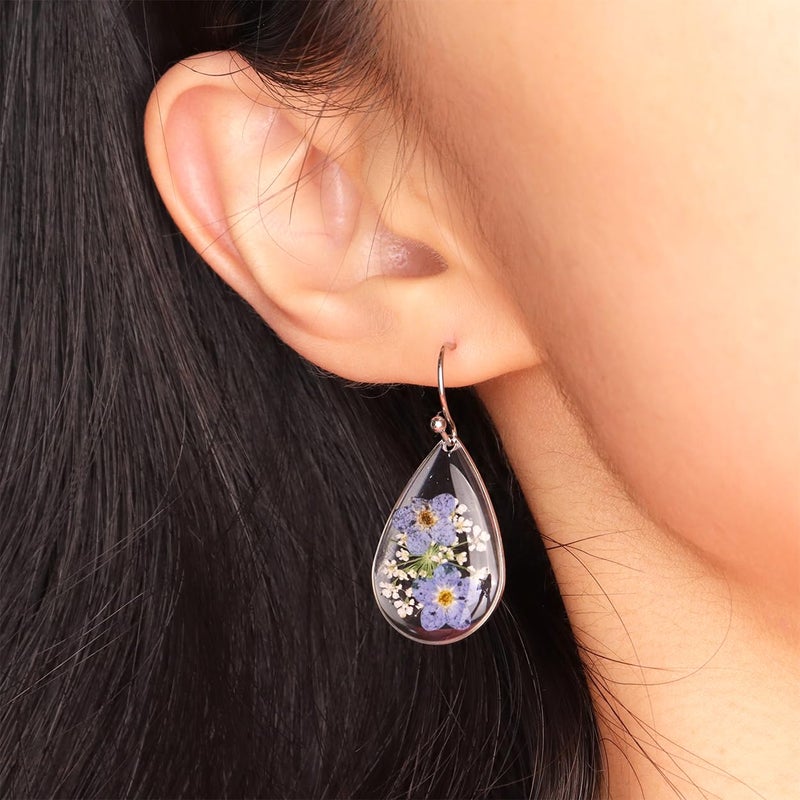 Jean Beau JeanBeau Handmade Pressed Flower Earrings for Women, Forget-Me-Not Queen Anne's Lace Wildflower Blue Nature Dried Flowers Silver Teardrop Dangle Drop Statement Floral Earings Jewelry Gift - Image 2