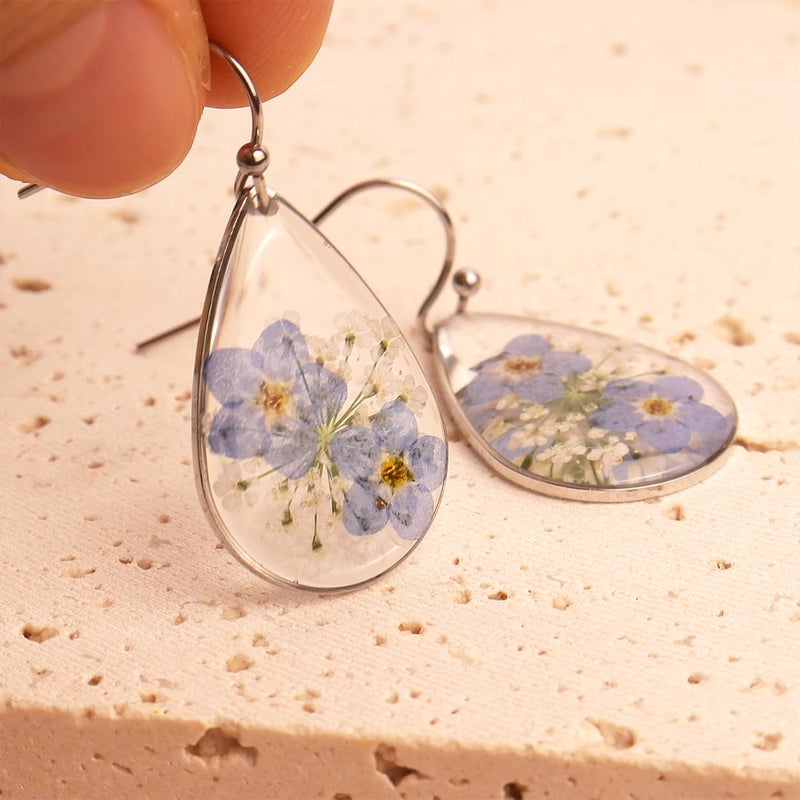 Jean Beau JeanBeau Handmade Pressed Flower Earrings for Women, Forget-Me-Not Queen Anne's Lace Wildflower Blue Nature Dried Flowers Silver Teardrop Dangle Drop Statement Floral Earings Jewelry Gift - Image 5