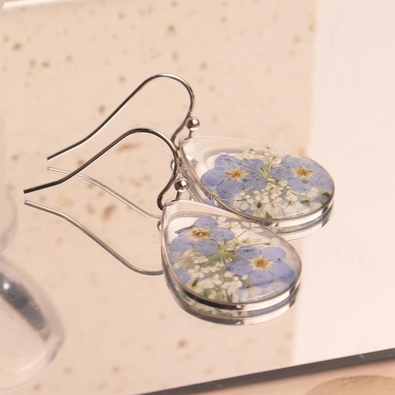 Jean Beau JeanBeau Handmade Pressed Flower Earrings for Women, Forget-Me-Not Queen Anne's Lace Wildflower Blue Nature Dried Flowers Silver Teardrop Dangle Drop Statement Floral Earings Jewelry Gift - Image 4