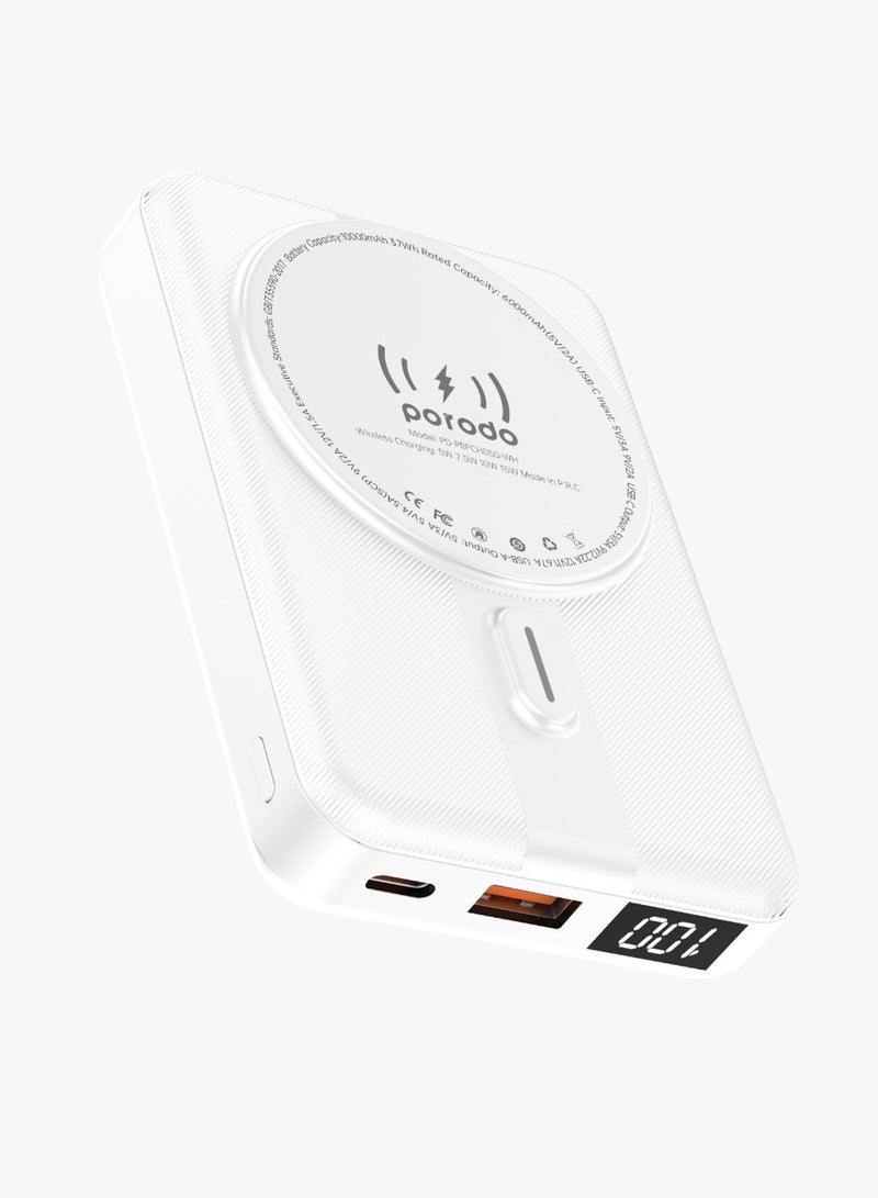 porodo 10000mAh MagSafe Power Bank & Stand with Type-C and USB-A Output and Digital Display /  Strong Magnetic Hold / Fast Charging / 15W Wireless Charging / 0%-60% in 35Mins - White - Image 1