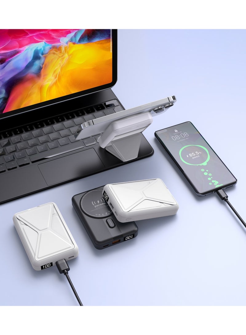 porodo 10000mAh MagSafe Power Bank & Stand with Type-C and USB-A Output and Digital Display /  Strong Magnetic Hold / Fast Charging / 15W Wireless Charging / 0%-60% in 35Mins - White - Image 4