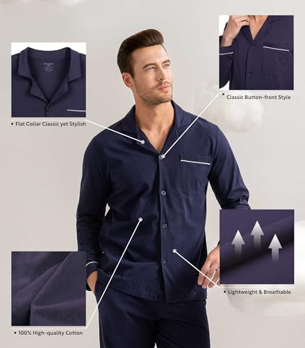 DAVID ARCHY Mens Pajamas Set Soft Cotton Notched Collar Pajamas for Men Long Sleeve Mens Sleepwear with Pockets & Front Fly (S, Navy Blue) - Image 3