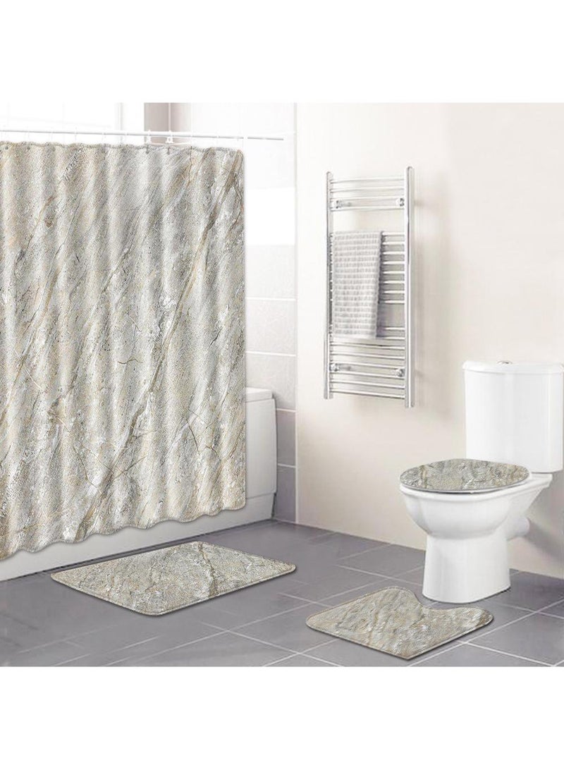 Bluejw 4-Piece Water-resistant Shower Curtain & Lid Toilet Cover Pedestal Rug Non-slip Bath Mat Bathroom Decoration Accessories - Image 1
