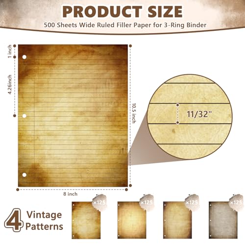 OKWUYiK 500 Sheets 8×10.5 Inch Colored Filler Paper Wide Ruled for 3-Ring Binder 11/32" Spacing Vintage Lined Filler Notebook Paper Wide Ruled Loose Leaf Paper 3-Hole Punched 80gsm for School Office - Image 2