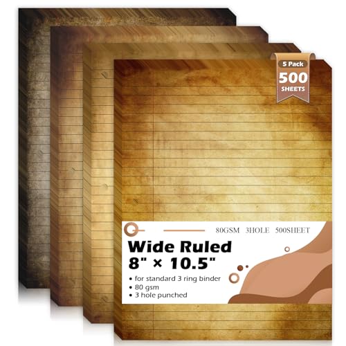 OKWUYiK 500 Sheets 8×10.5 Inch Colored Filler Paper Wide Ruled for 3-Ring Binder 11/32" Spacing Vintage Lined Filler Notebook Paper Wide Ruled Loose Leaf Paper 3-Hole Punched 80gsm for School Office - Image 1