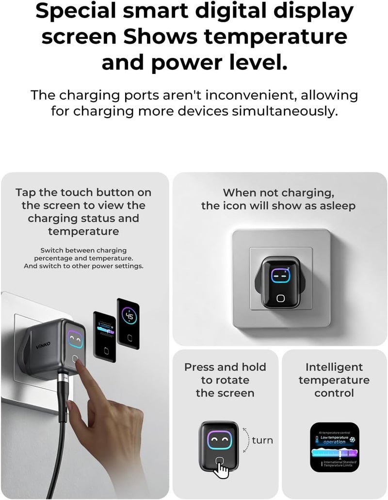 Vinko شاحن 45W GaN السريع، قابس قابل للطي متعدد المنافذ USB-C، محول سفر عالمي، شحن مستقر متعدد البروتوكولات للهواتف والأجهزة اللوحية وأجهزة الكمبيوتر المحمولة - Image 4