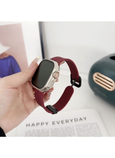 For Iwatch10 For Apple Watch For Applewatch987654 Square Buckle Folding Magnetic Silicone Tape Ultra-Color:Ins [square Buckle Folding Magnetic Silicone] Wine Red-44mm (iwatch456 Generation Se)