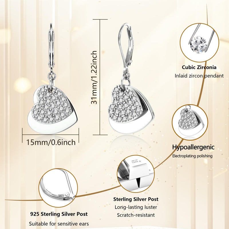 ALEXCRAFT Sterling Silver Heart Dangle Earrings for Women Silver Dual Love Heart Drop Earrings Huggie Hoop Hypoallergenic CZ Dangle Leverback Earring - Image 3