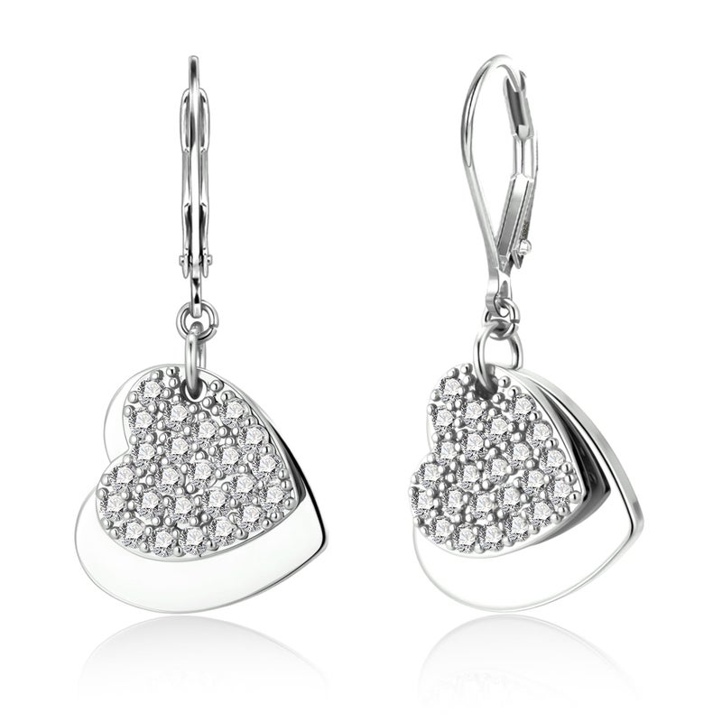 ALEXCRAFT Sterling Silver Heart Dangle Earrings for Women Silver Dual Love Heart Drop Earrings Huggie Hoop Hypoallergenic CZ Dangle Leverback Earring - Image 1