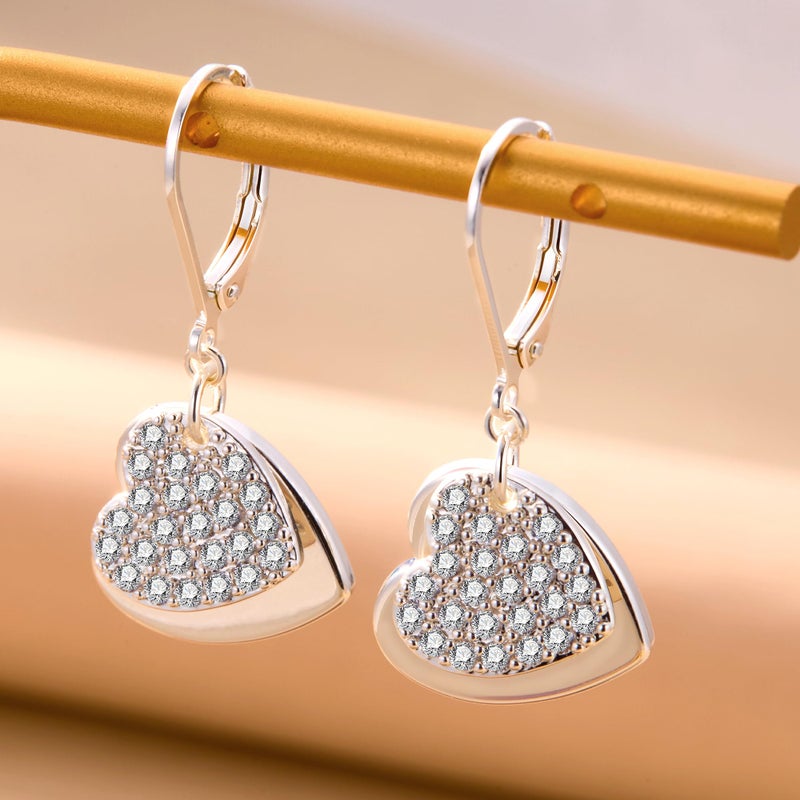 ALEXCRAFT Sterling Silver Heart Dangle Earrings for Women Silver Dual Love Heart Drop Earrings Huggie Hoop Hypoallergenic CZ Dangle Leverback Earring - Image 4