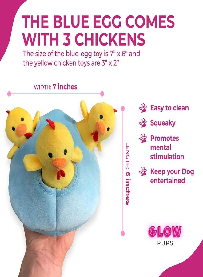 Glow Pups لعبة تفاعلية للكلاب من Glow Pups على شكل دجاجة وبيضة، لعبة الاختباء والبحث مع صفارة، تعزز التحفيز العقلي، 7 × 6 بوصات (بيضة و3 دجاجات، أزرق وأصفر) - Image 3