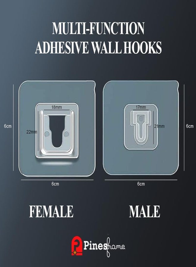 PINESFRAME 20 Male/Female Wall Hooks with Reusable Zip Pouch (Pack of 20) Self Adhesive Plastic Heavy Duty Transparent Double Sided Sticky Multi-Purpose Magic Sticker Hooks - Image 2