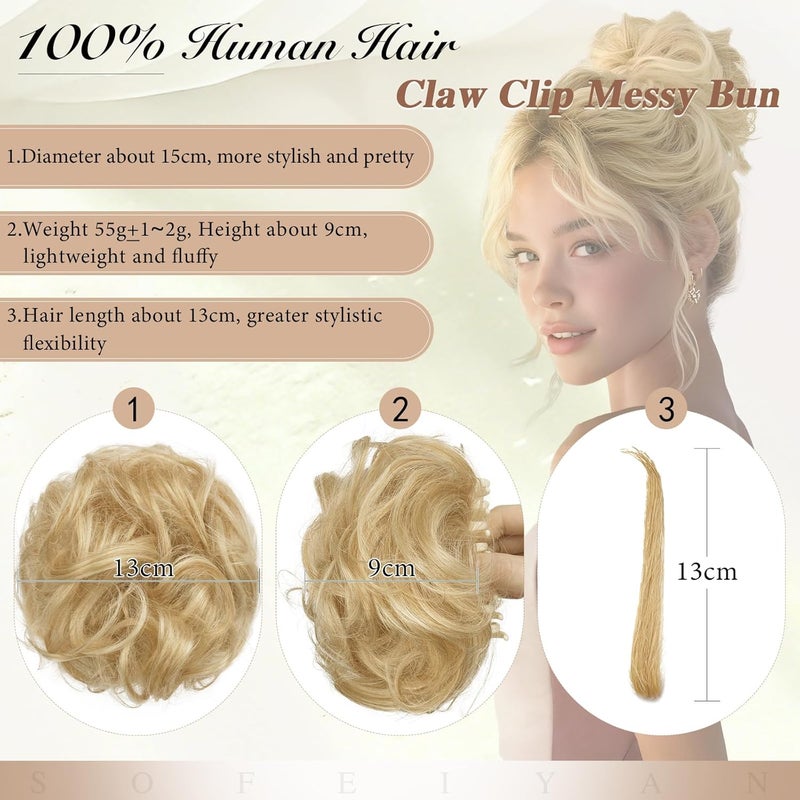 SOFEIYAN Claw Clip Messy Bun 100% Human Hair Buns Curly Hairpieces with Clip Real Hair Chignon Tousled Updo Scrunchie Hairpiece with Clips Hair Accessories for Women-Beige Blonde with Blonde Highlight - Image 2