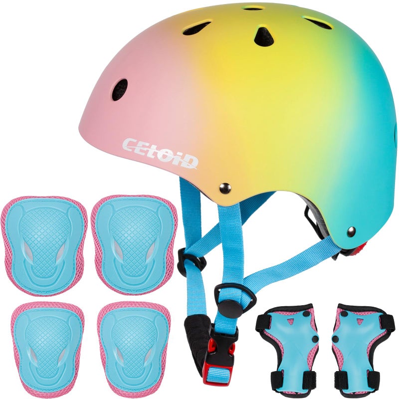 CELOID Kids Helmet Pad SetAdjustable Kids Skateboard Bike Helmet Knee Elbow Pads Wrist Guards 91016 Years Youth Protective Gear Set for Girls Boys Bicycle Bike Roller Scooter SportPink Blue