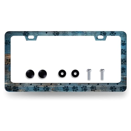 MUAWUOIK Dog Paws License Plate Frame Funny Dogs License Plate Stainless Steel Animals Accessories Cars Decor 12.3 X 6.3 Inch with Holes and Screws Fits Standard Us Canada Vehicles - Image 1