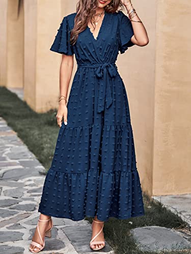 MASCOMODA Dresses for Women 2025 Short Flutter Sleeve Tiered Maxi Swiss Dot Solid V Neck Wedding Guest Dress with Belt(Navy,Large) - Image 3