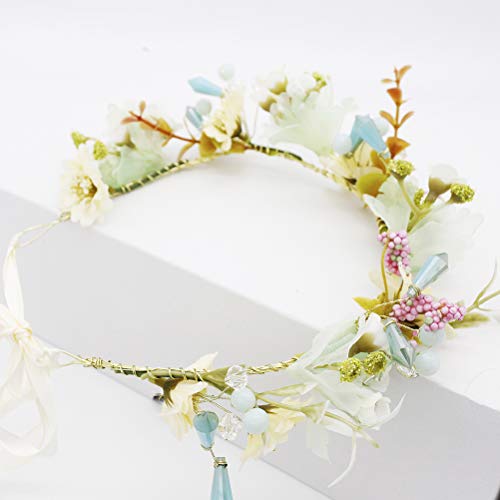 Vivivalue Pearl Flower Crown Floral Garland Headband Flower Halo Wedding Green - Image 3
