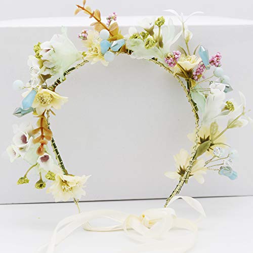 Vivivalue Pearl Flower Crown Floral Garland Headband Flower Halo Wedding Green - Image 5
