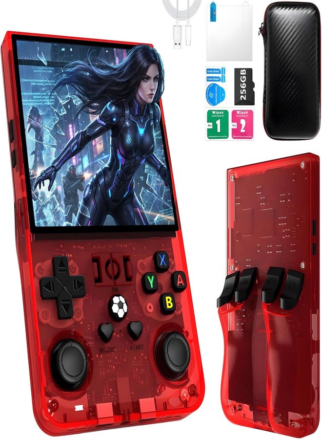 OROMVO R36MAX Handheld Game Console, 40000+ Games Retro Gaming Console, 256GB TF Card Mini Retro Video Console, 4000mAh Rechargeable 4.0" IPS HD Screen Portable Pocket Arcade (Transparent Red) - Image 1