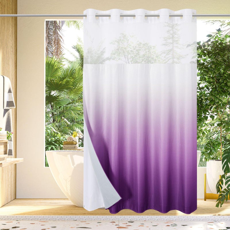 Gibelle No Hook Waffle Weave Shower Curtain with Snap-in Fabric Liner Set for Bathroom  Hotel Style with Mesh Top Window  Waterproof & Washable  Ombre Purple  72x74 - Image 1