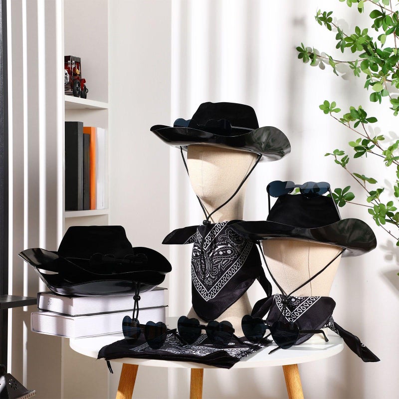 Newcotte 18 Pcs Western Cowboy Plastic Hat Set Include 6 Hats 6 Paisley Bandanas 6 Pairs Heart Glasses for Party(Black) - Image 4
