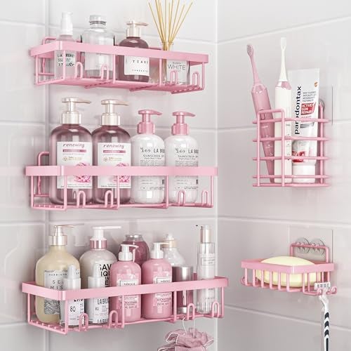 Liuoud 5 Pack Shower Caddy Organizer Rack Shelf for Inside Shower, Adhesive Bathroom Wall Storage Basket Rustproof Stainless Steel Shampoo Holder, Girly Bathroom Accessory Decor Set, Pink - Image 1