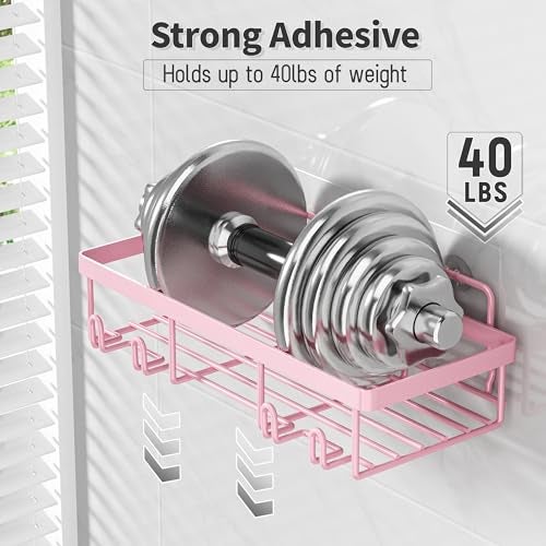 Liuoud 5 Pack Shower Caddy Organizer Rack Shelf for Inside Shower, Adhesive Bathroom Wall Storage Basket Rustproof Stainless Steel Shampoo Holder, Girly Bathroom Accessory Decor Set, Pink - Image 3