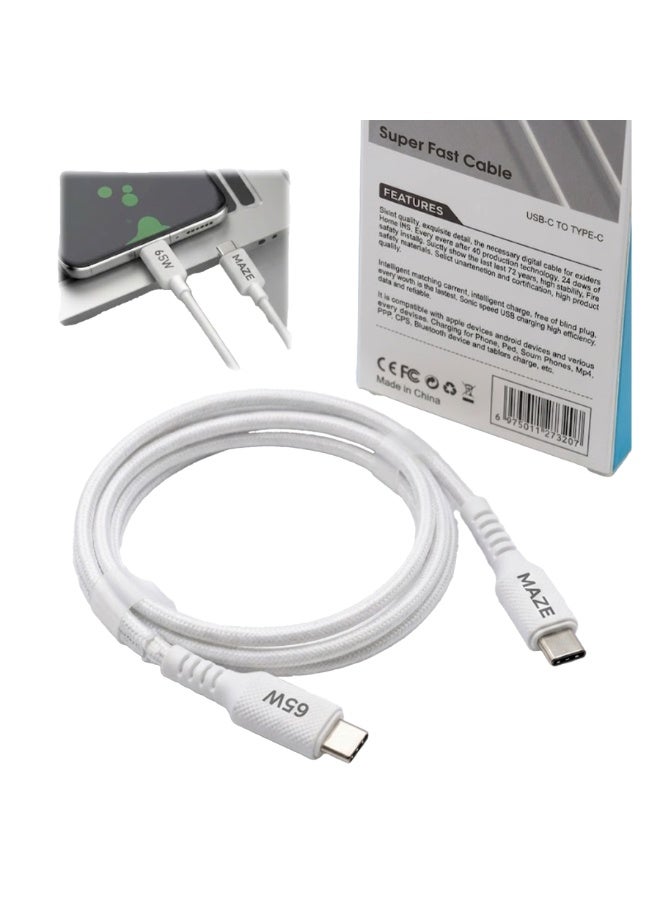 ميذ كابل USB-C إلى USB-C للشحن السريع بقوة 65 واط – يدعم تقنية الشحن السريع (PD) ونقل البيانات بسرعة 480 ميجابت في الثانية، يتميز بتصميم متين ومجدول من النايلون ومقاوم للانحناء، بطول 1 متر، ومتوافق مع الهواتف الذكية والأجهزة اللوحية وأجهزة الكمبيوتر المحمولة. - Image 4