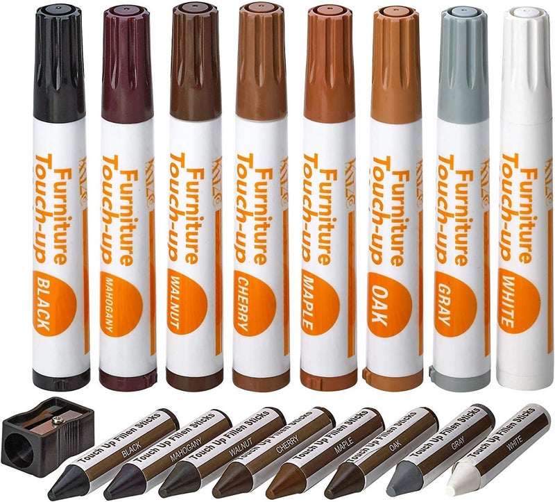 Katzco Furniture Repair Kit Wood Markers - Set Of 17 - Markers & Wax Sticks With Sharpener, For Stains, Scratches, Floors, Tables, Desks, Carpenters, Bedposts, Touch Ups, Cover Ups, Molding Repair - Image 1