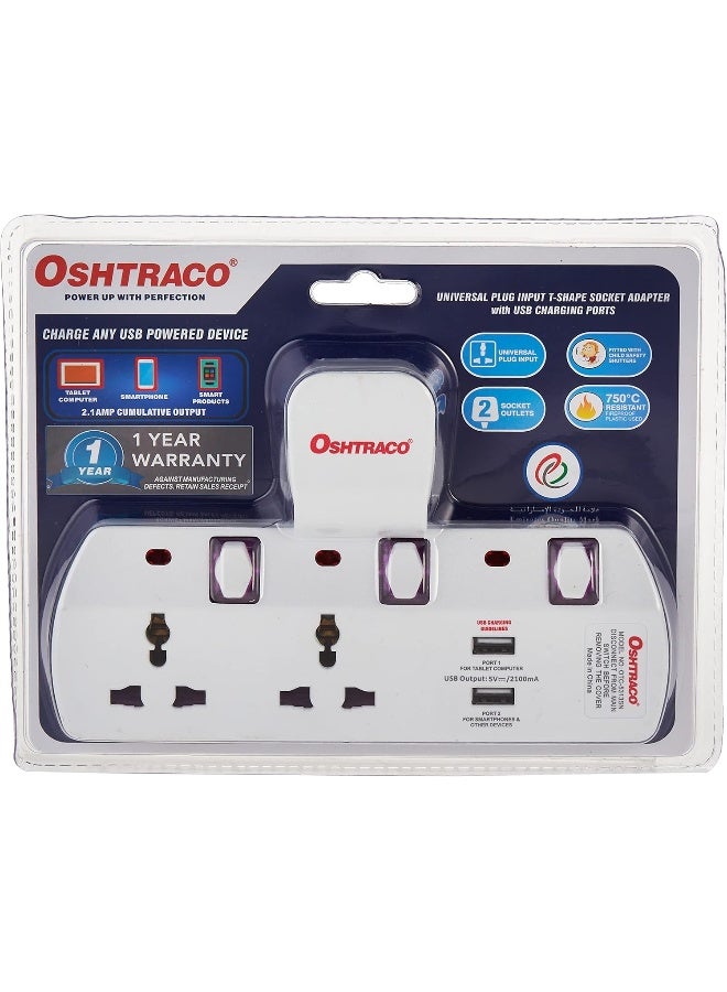 OSHTRACO مقبس أوشتراكو OTC-5313SN بتصميم T-شكل مع منفذ شحن USB 2.4 ذو مفتاحين - Image 1