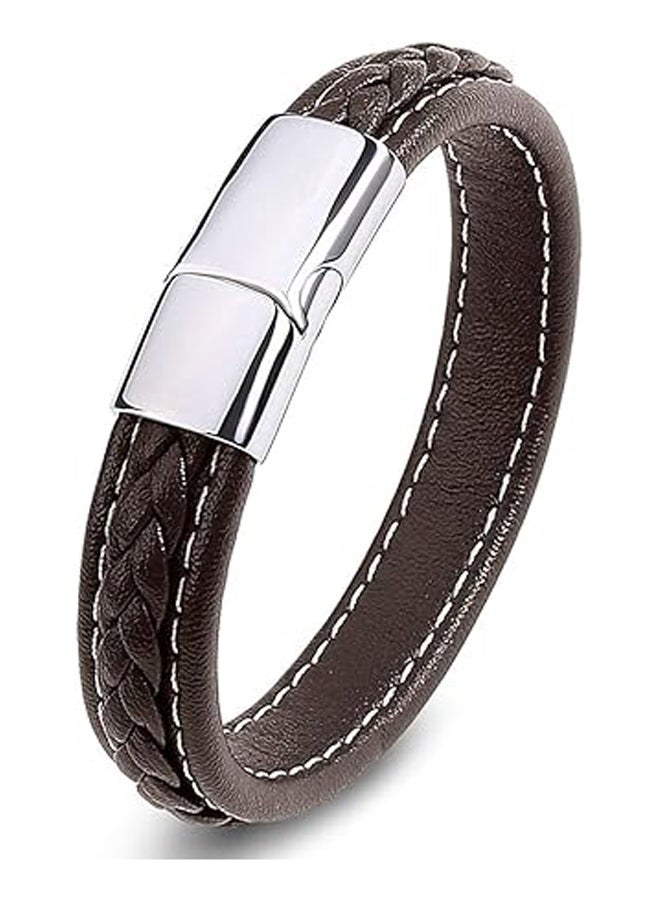 Men's Braided Leather Bracelet Stainless Steel Magnetic Buckle Wrist Strap Bangle - Image 1