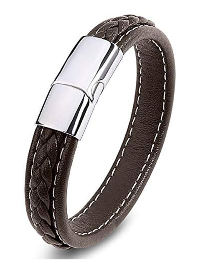 Men's Braided Leather Bracelet Stainless Steel Magnetic Buckle Wrist Strap Bangle - Image 2