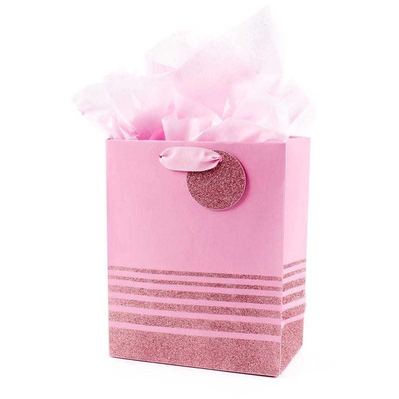 Hallmark 9 Medium Gift Bag with Tissue Paper Pink Glitter Stripes for Valentines Day Birthdays Baby Showers Bridal Showers or Any Occasion