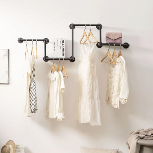 DOFURNILIM Industrial Pipe Clothing Rack with 2 Floating Shelves, 3 Hanging Rods Wall Mounted Garment Rack, Heavy Duty Iron Clothes Bar, Space-Saving Clothing Hanging Rails for Closet (3 hanging rods 2 shelves) - Image 3