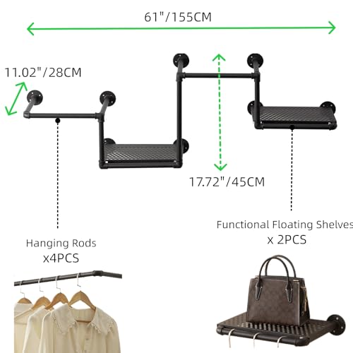 DOFURNILIM Industrial Pipe Clothing Rack with 2 Floating Shelves, 3 Hanging Rods Wall Mounted Garment Rack, Heavy Duty Iron Clothes Bar, Space-Saving Clothing Hanging Rails for Closet (3 hanging rods 2 shelves) - Image 5
