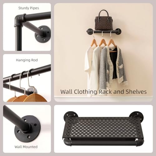 DOFURNILIM Industrial Pipe Clothing Rack with 2 Floating Shelves, 3 Hanging Rods Wall Mounted Garment Rack, Heavy Duty Iron Clothes Bar, Space-Saving Clothing Hanging Rails for Closet (3 hanging rods 2 shelves) - Image 4