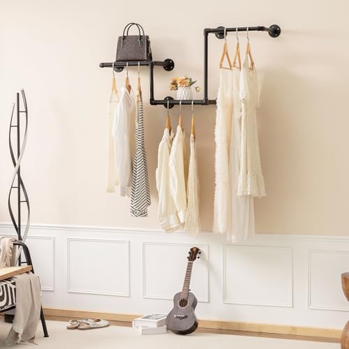 DOFURNILIM Industrial Pipe Clothing Rack with 2 Floating Shelves, 3 Hanging Rods Wall Mounted Garment Rack, Heavy Duty Iron Clothes Bar, Space-Saving Clothing Hanging Rails for Closet (3 hanging rods 2 shelves) - Image 2