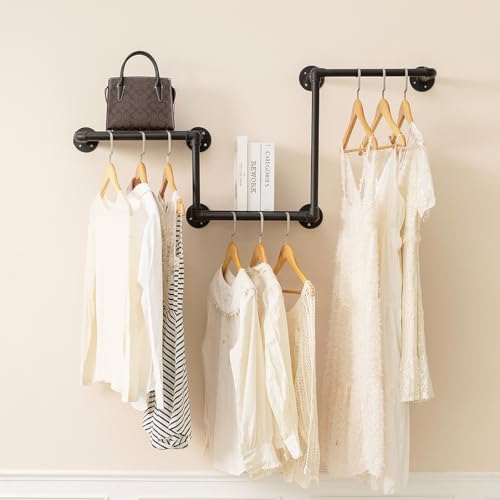 DOFURNILIM Industrial Pipe Clothing Rack with 2 Floating Shelves, 3 Hanging Rods Wall Mounted Garment Rack, Heavy Duty Iron Clothes Bar, Space-Saving Clothing Hanging Rails for Closet (3 hanging rods 2 shelves) - Image 1