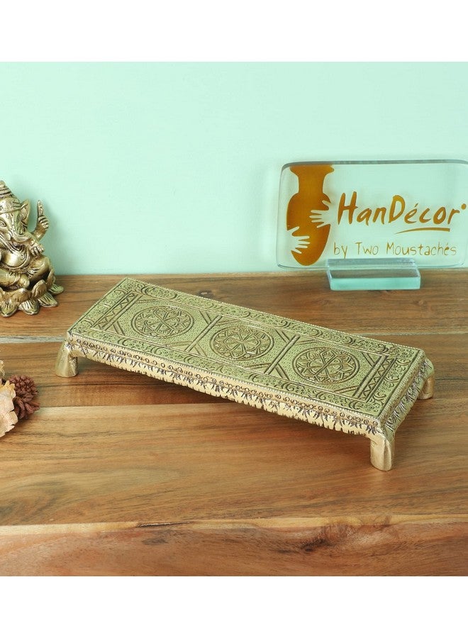 Two Moustaches Ethnic Handcrafted 8.5 Inches Brass Pooja Chowki, Antique Yellow - Image 4