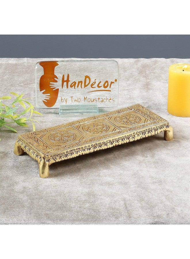 Two Moustaches Ethnic Handcrafted 8.5 Inches Brass Pooja Chowki, Antique Yellow - Image 5