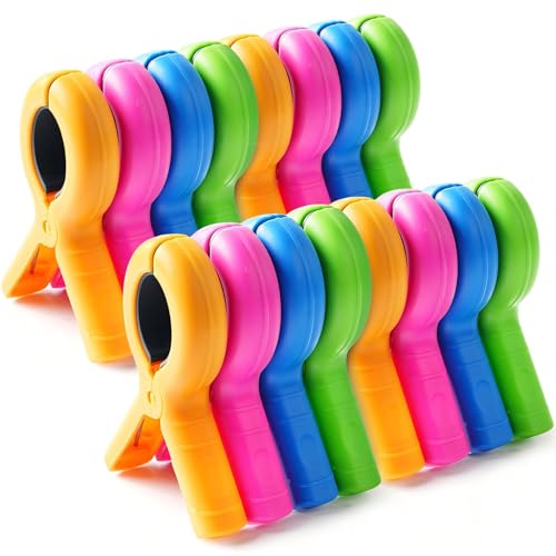 Dreecy 16 Pcs Beach Towel Clips for Beach Chairs, Towel Holder for Beach Chair Pool Chair on Cruise, Jumbo Size Heavy Duty Clothes Pins, Beach Chair Clips to Keep Your Towel from Blowing Away, 4 Colors - Image 1