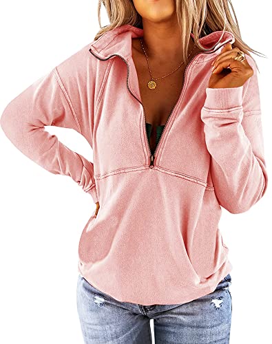 Floral Find Women's Long Sleeve Lapel Half Zip Up Sweatshirt Solid Stylish Loose Fit Casual Pullover Tops (A-pink, Small) - Image 1