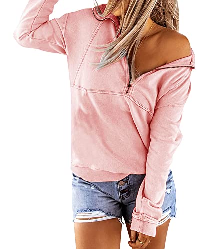 Floral Find Women's Long Sleeve Lapel Half Zip Up Sweatshirt Solid Stylish Loose Fit Casual Pullover Tops (A-pink, Small) - Image 2
